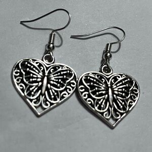 Silver tone Butterfly Heart Earrings